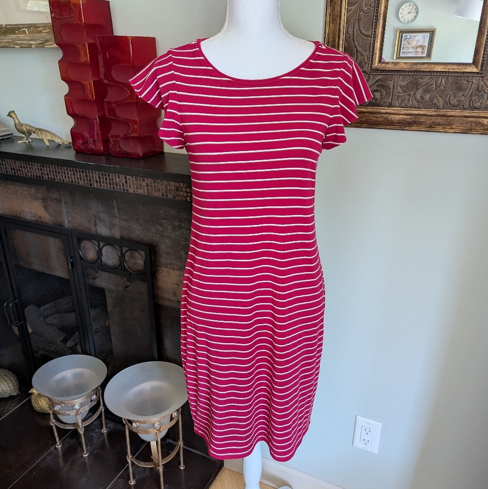 White House Black Market Sm Flounce Sleeve Stripe Knit Dress Red/Pink White 168